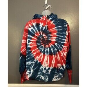 Tie Dye Quarter Zip Hoodie Mens Medium Red White Blue Kangaroo Pocket